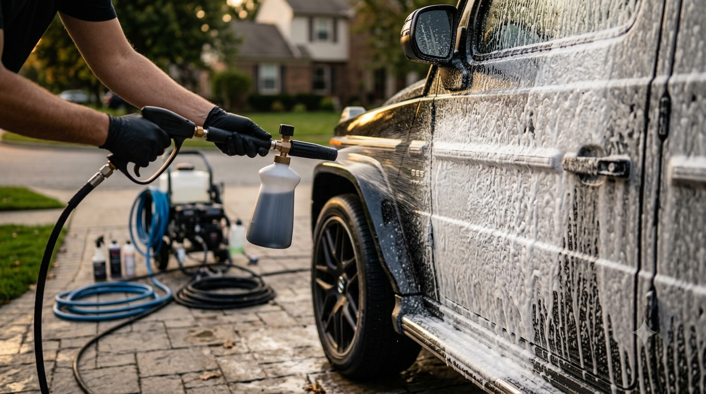 Professional mobile detailer hand washing a vehicle in a Mentor Ohio driveway